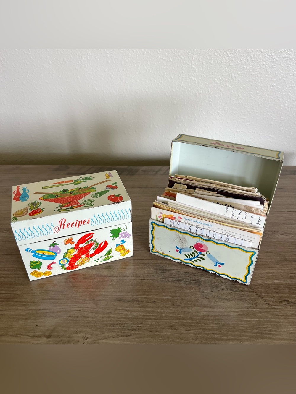 VTG Tin Recipe File Boxes Ohio Art Co Filled W/ Old Handwritten Recipe Clippings